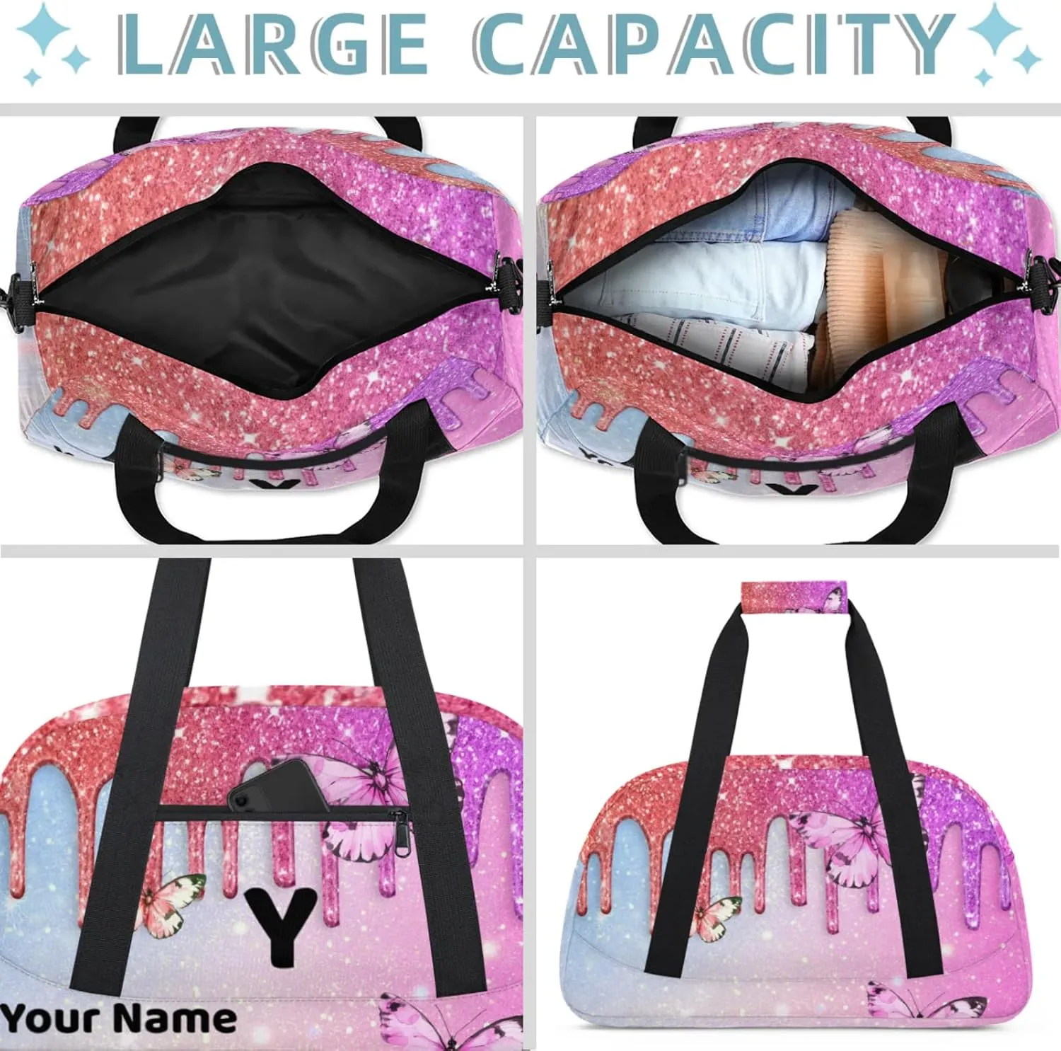 Custom Travel Gym Duffel Bag for Women Men Personalized Weekender Bag Carry On Tote Overnight Bag for Dance Sport Blue Coral Pink