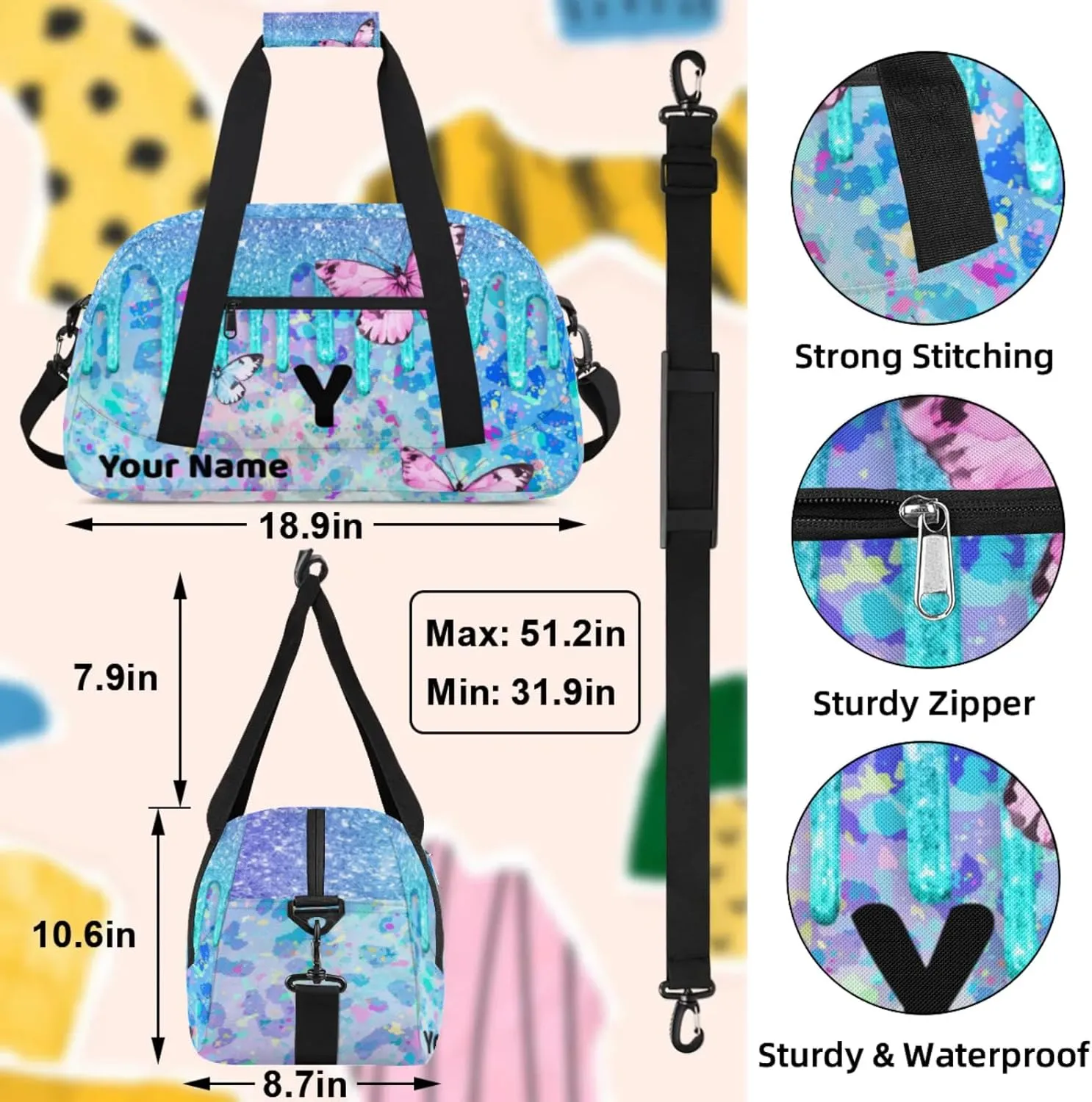 Custom Travel Gym Duffel Bag for Women Men Personalized Weekender Bag Carry On Tote Overnight Bag for Dance Sport Blue Purples