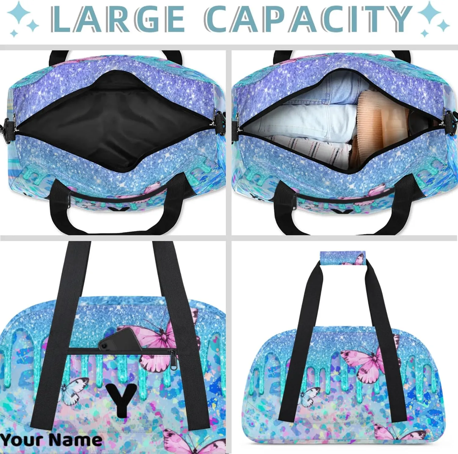 Custom Travel Gym Duffel Bag for Women Men Personalized Weekender Bag Carry On Tote Overnight Bag for Dance Sport Blue Purples