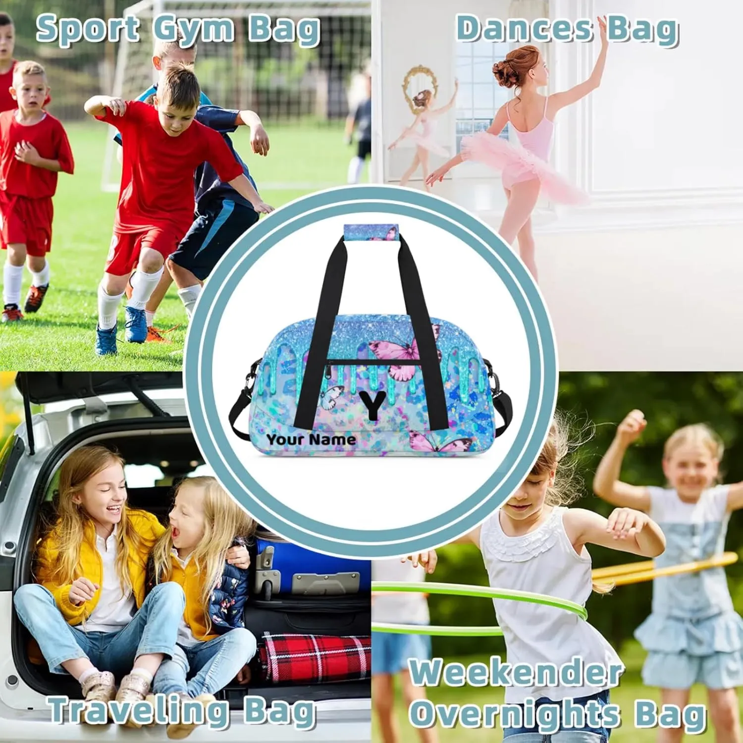 Custom Travel Gym Duffel Bag for Women Men Personalized Weekender Bag Carry On Tote Overnight Bag for Dance Sport Blue Purples