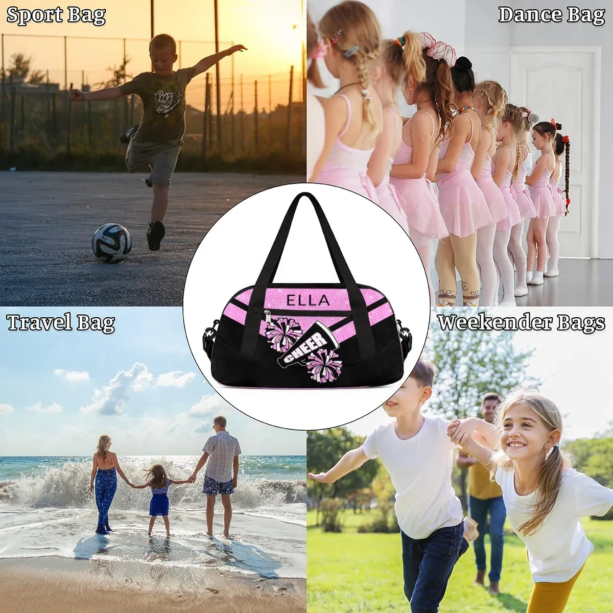 Custom Your Name Glitter Cheer Pompom Personalized Text Gym Duffle Bag for Kids,Sports Bag for Teens Boys & Girls Small Waterproof Overnight Weekender Carry School Practice Travel Bag