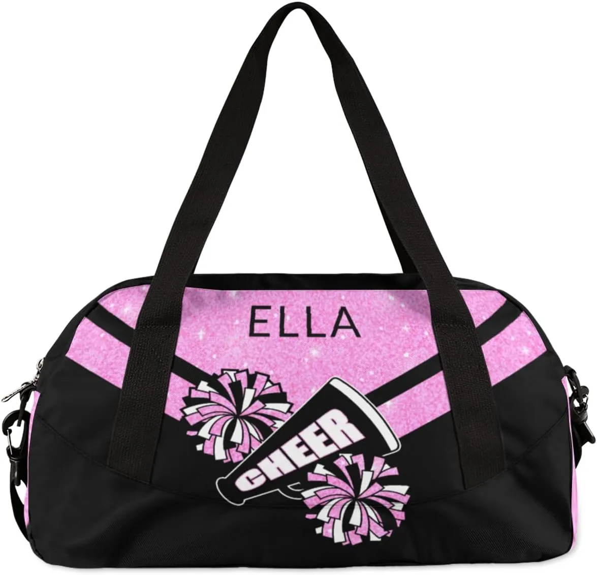 Custom Your Name Glitter Cheer Pompom Personalized Text Gym Duffle Bag for Kids,Sports Bag for Teens Boys & Girls Small Waterproof Overnight Weekender Carry School Practice Travel Bag