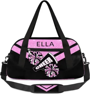 Custom Your Name Glitter Cheer Pompom Personalized Text Gym Duffle Bag for Kids,Sports Bag for Teens Boys & Girls Small Waterproof Overnight Weekender Carry School Practice Travel Bag