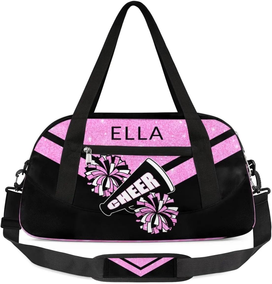 Custom Your Name Glitter Cheer Pompom Personalized Text Gym Duffle Bag for Kids,Sports Bag for Teens Boys & Girls Small Waterproof Overnight Weekender Carry School Practice Travel Bag