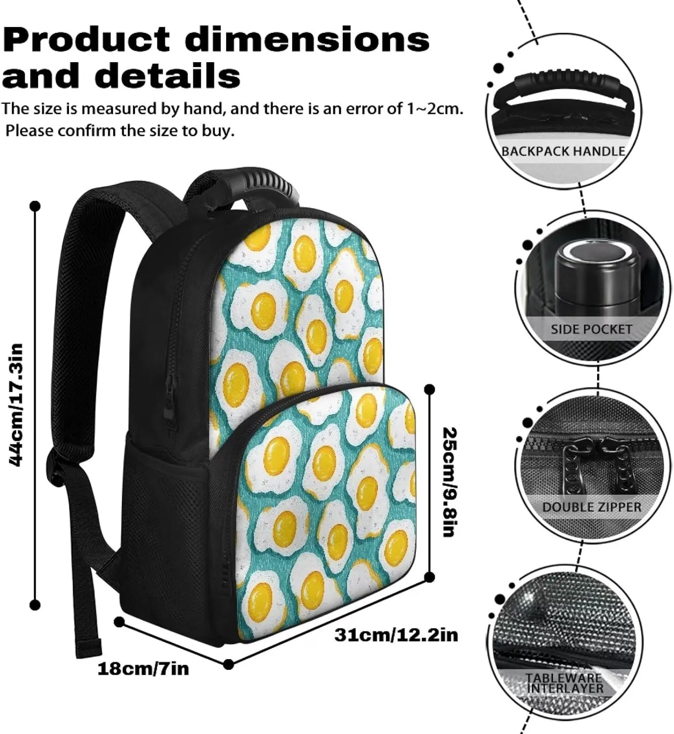 Customized Name Lunch Box Backpack for Boys Girls, 17.3 Inch 2-in-1 School Backpack, Lightweight Polyester, Front Lunch Compartment, Side Pockets, Ideal for Travel & Outdoor, Egg Print