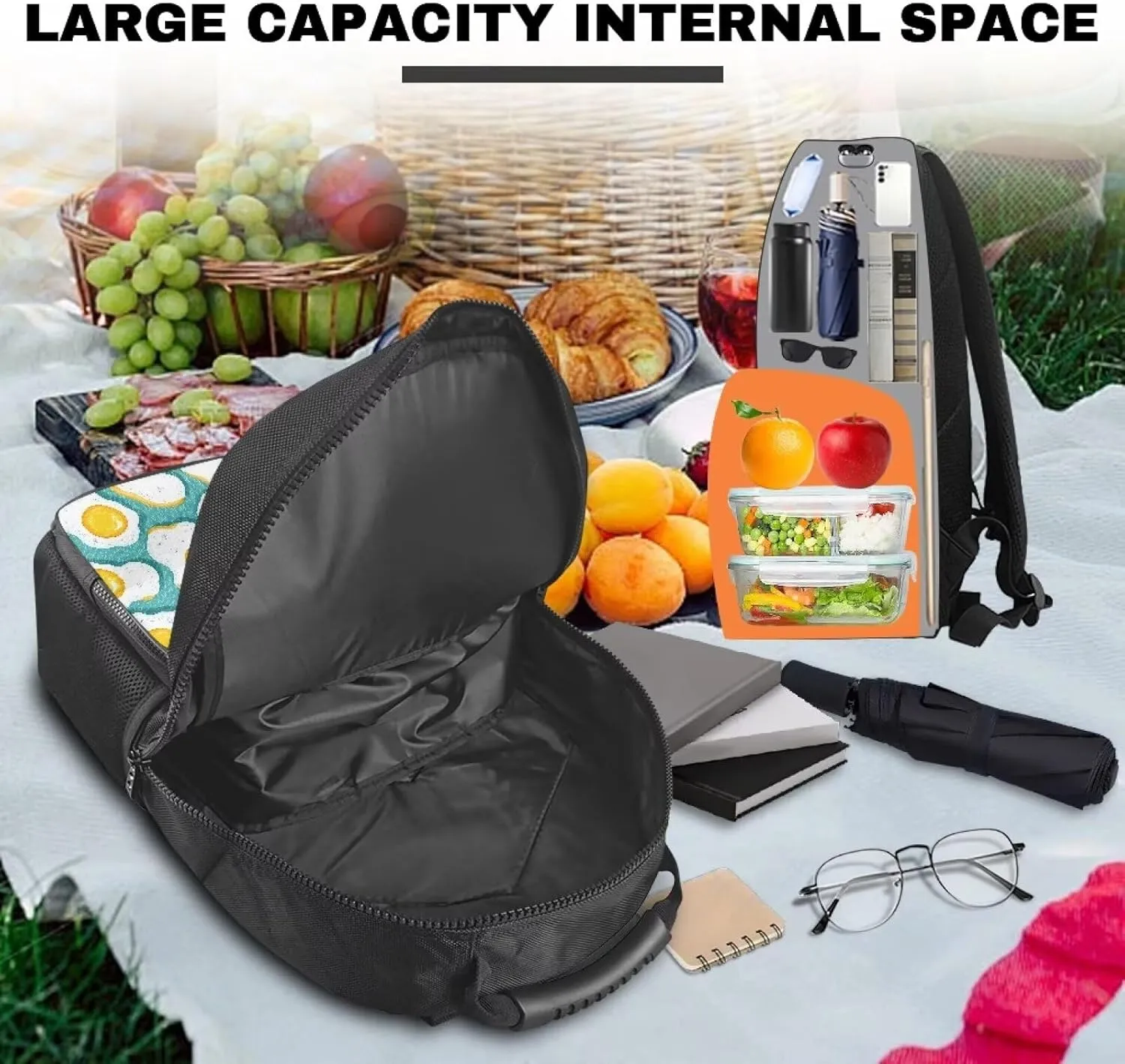 Customized Name Lunch Box Backpack for Boys Girls, 17.3 Inch 2-in-1 School Backpack, Lightweight Polyester, Front Lunch Compartment, Side Pockets, Ideal for Travel & Outdoor, Egg Print