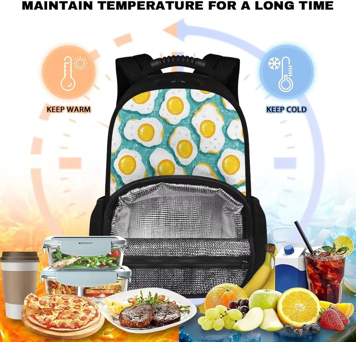 Customized Name Lunch Box Backpack for Boys Girls, 17.3 Inch 2-in-1 School Backpack, Lightweight Polyester, Front Lunch Compartment, Side Pockets, Ideal for Travel & Outdoor, Egg Print