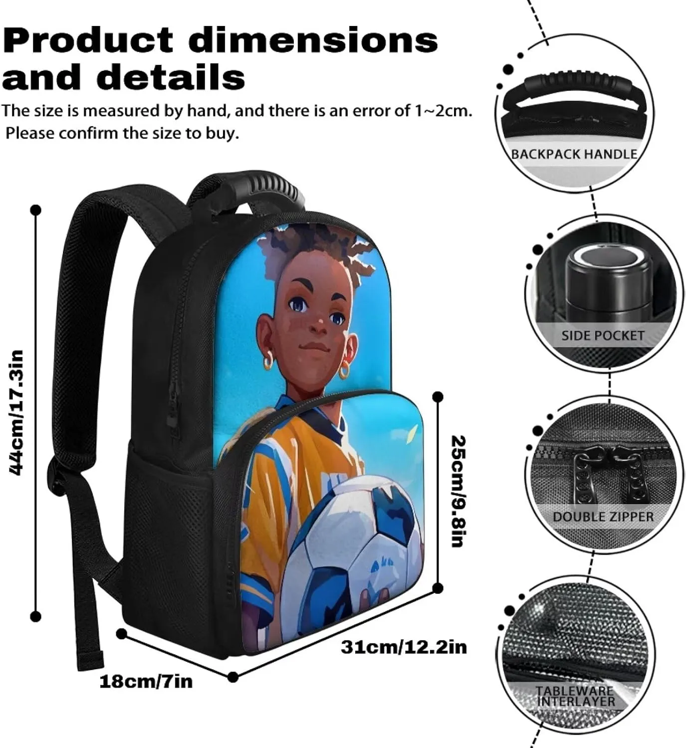 Customized Name Lunch Box Backpack for Kids, 17.3 Inch All-in-one School Backpack, Durable Polyester, Front Lunch Compartment, Side Pockets, Suitable for Travel & Office, Boys Soccer