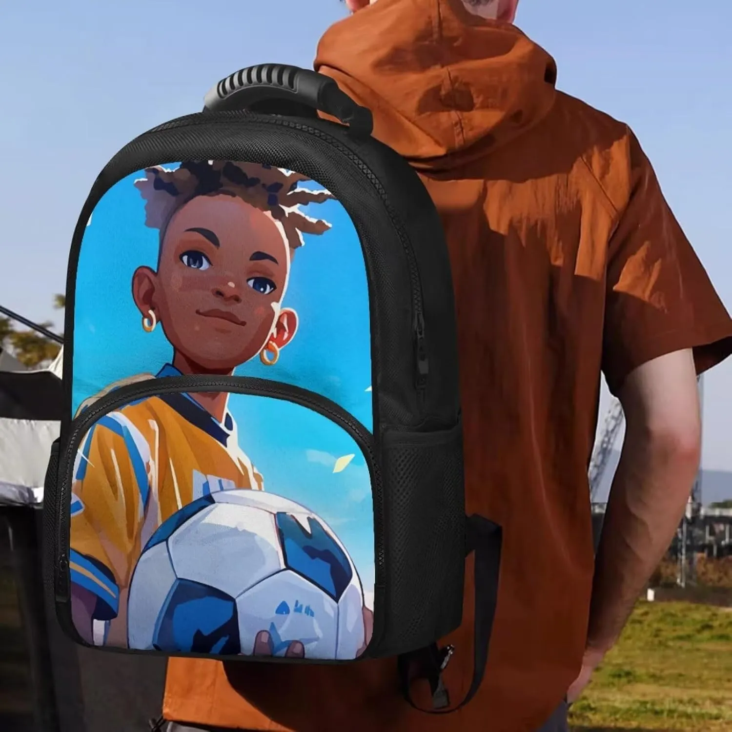 Customized Name Lunch Box Backpack for Kids, 17.3 Inch All-in-one School Backpack, Durable Polyester, Front Lunch Compartment, Side Pockets, Suitable for Travel & Office, Boys Soccer