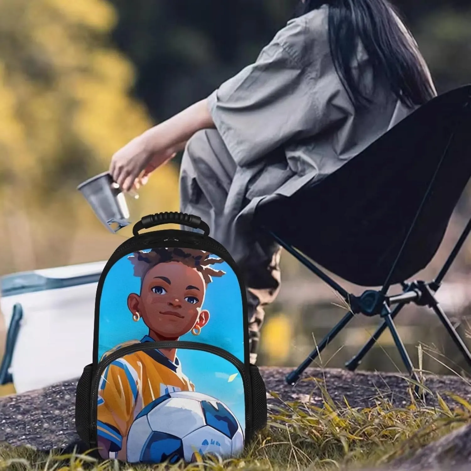 Customized Name Lunch Box Backpack for Kids, 17.3 Inch All-in-one School Backpack, Durable Polyester, Front Lunch Compartment, Side Pockets, Suitable for Travel & Office, Boys Soccer