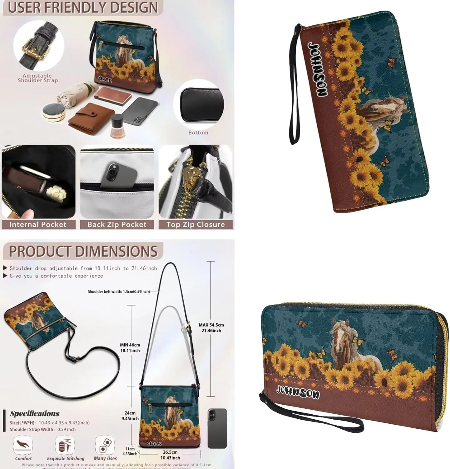 Customized Womens Crossbody Bag with Purse Brown Shoulder Purse and Wallet Set for Shopping Walking