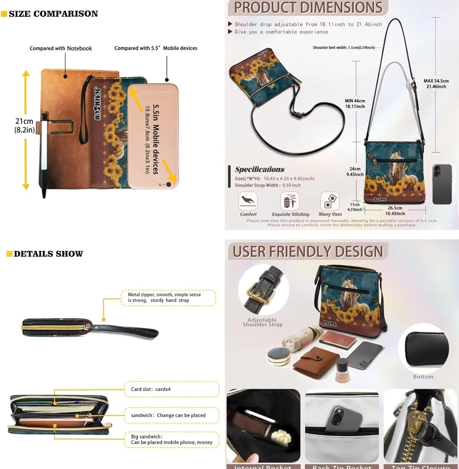 Customized Womens Crossbody Bag with Purse Brown Shoulder Purse and Wallet Set for Shopping Walking