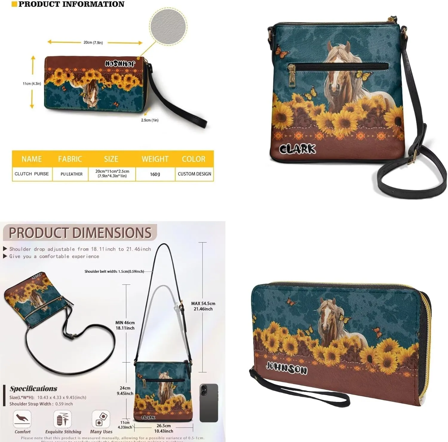 Customized Womens Crossbody Bag with Purse Brown Shoulder Purse and Wallet Set for Shopping Walking