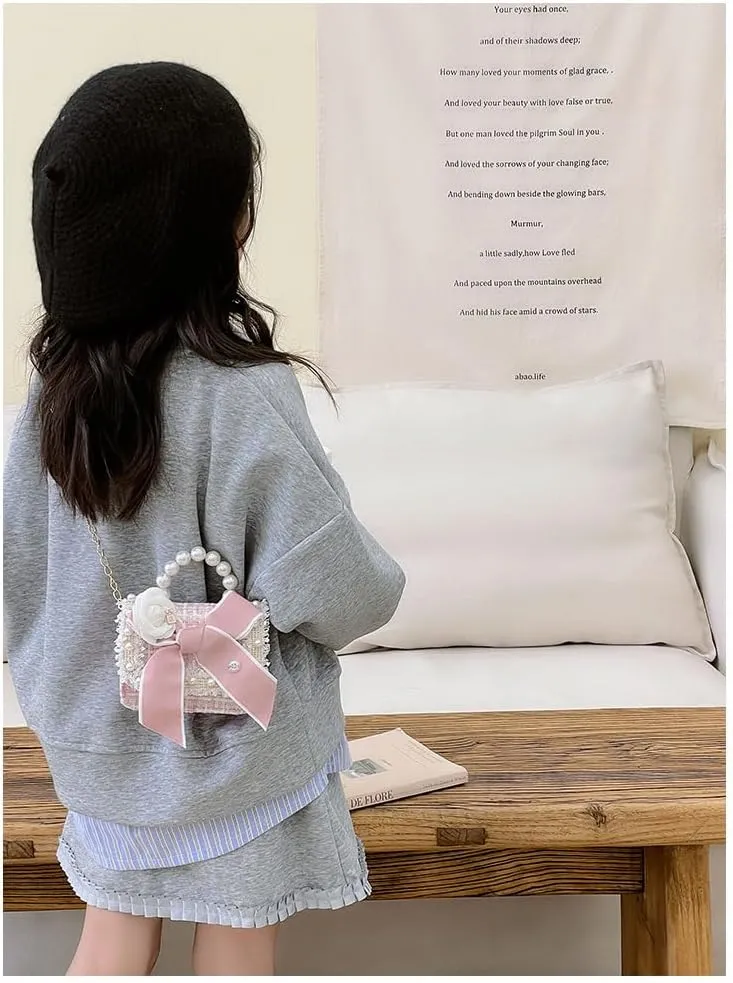 Cute Crossboby Purse with Bowknot Shoulder Bag for Little Girls, Girls Kids Fashion Handbags with Pearl Handle