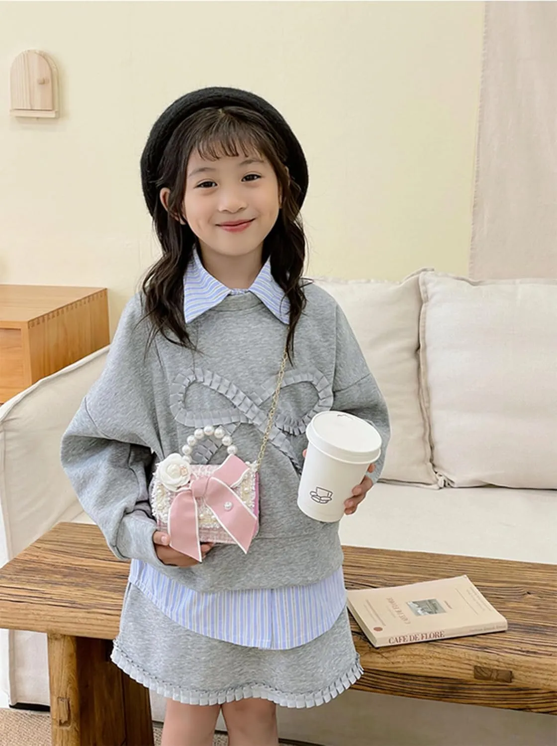 Cute Crossboby Purse with Bowknot Shoulder Bag for Little Girls, Girls Kids Fashion Handbags with Pearl Handle