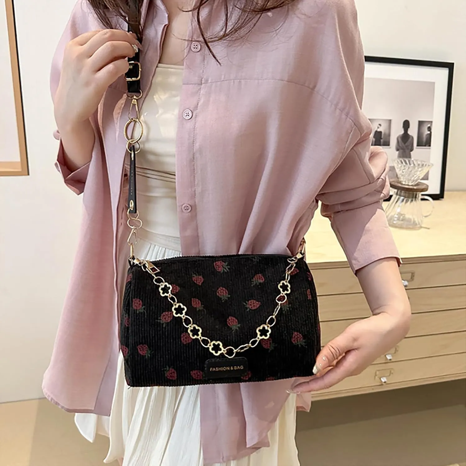 Cute Crossbody Bag for Women Strawberry Purse Corduroy Tote Bag Fashion Chain Aesthetic Handbags Travel Bags