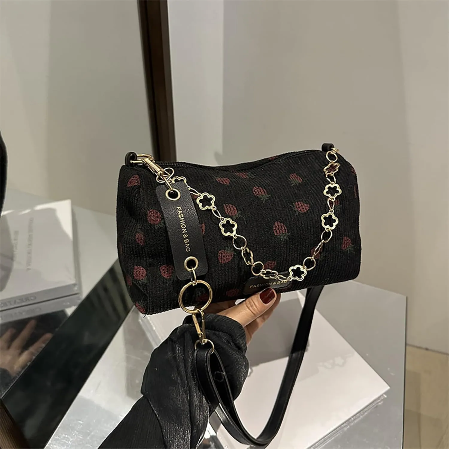 Cute Crossbody Bag for Women Strawberry Purse Corduroy Tote Bag Fashion Chain Aesthetic Handbags Travel Bags
