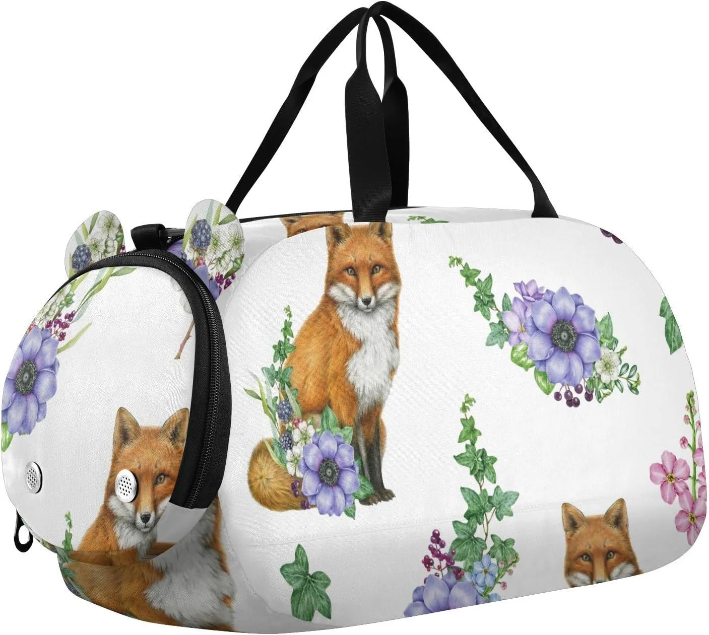 Cute Fox with Garden Flower Gym Travel Duffel Bag with Shoe Compartment for Boys Girls - Gymnastics Sports Dance Football Travel Bag Teens Weekender Sleepover
