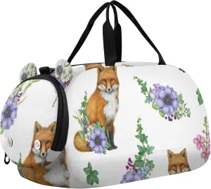 Cute Fox with Garden Flower Gym Travel Duffel Bag with Shoe Compartment for Boys Girls - Gymnastics Sports Dance Football Travel Bag Teens Weekender Sleepover