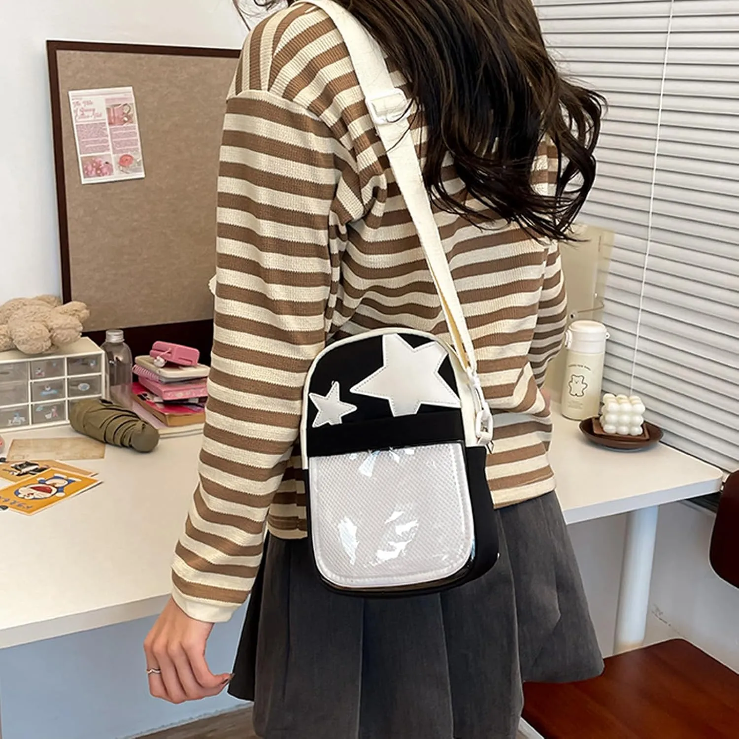 Cute Ita Bag Y2K Crossbody Purse Pin Display Bag with Insert Double Straps Star Satchel Shoulder Bag for Women