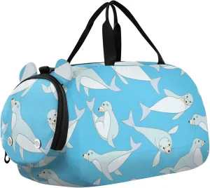 Cute Sea Lion on Blue Background Gym Travel Duffel Bag with Shoe Compartment for Boys Girls - Gymnastics Sports Dance Football Travel Bag Teens Weekender Sleepover