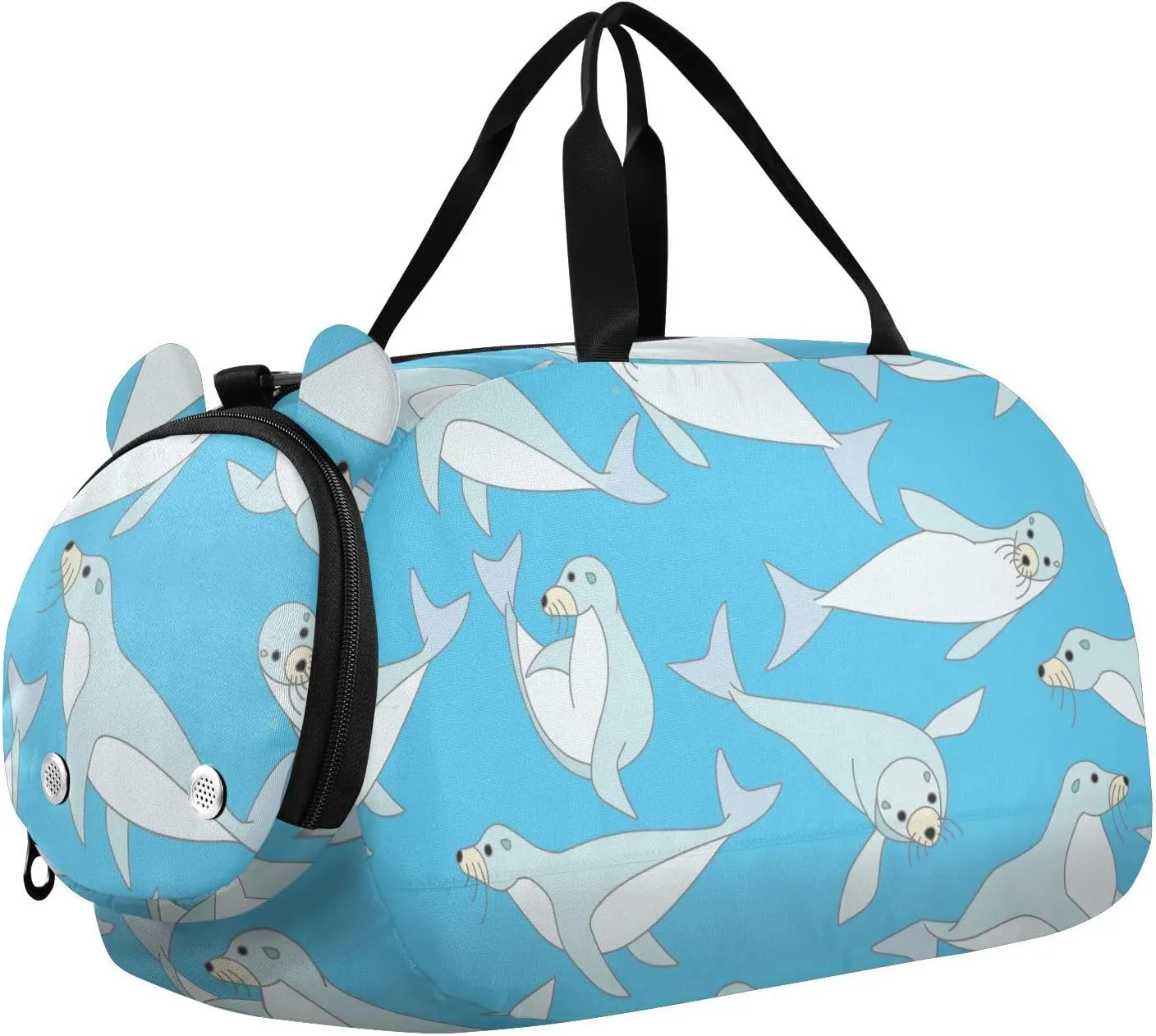 Cute Sea Lion on Blue Background Gym Travel Duffel Bag with Shoe Compartment for Boys Girls - Gymnastics Sports Dance Football Travel Bag Teens Weekender Sleepover