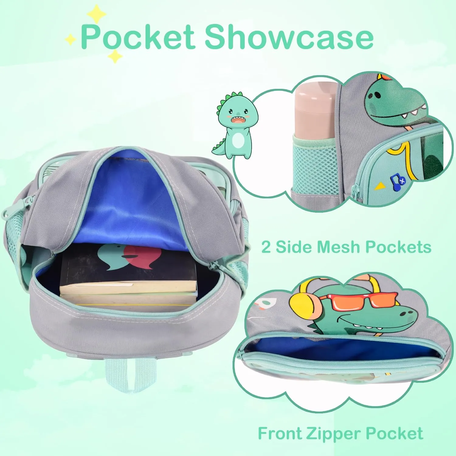 Cute Toddler Backpack Preschool Dinosaur Schoolbag for 2-6 Boys Kindergarten Children Travel Bookbag (Grey)