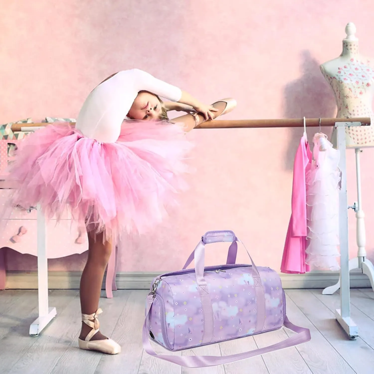 Dance Bag,Gym Duffle Bag for Girls Gymnastics Sports Bag for Teens Women Weekender Overnight Travel Bag with Shoe Compartment and Wet Pocket Galaxy Purple Flowers
