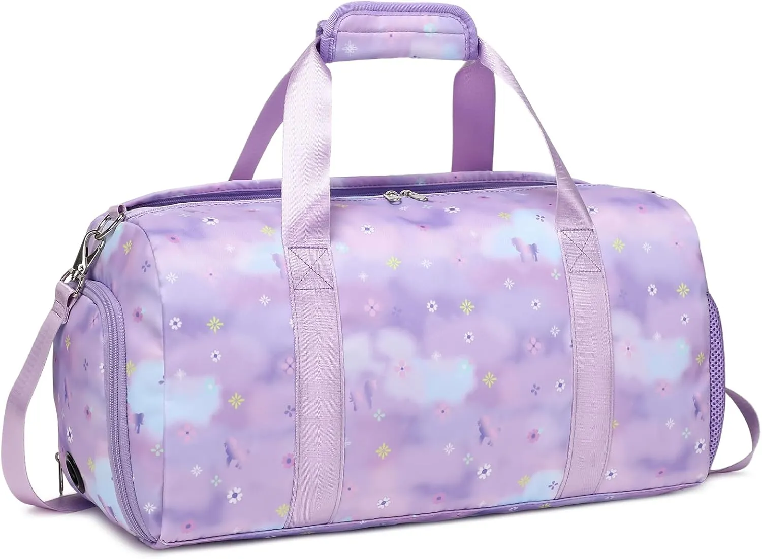 Dance Bag,Gym Duffle Bag for Girls Gymnastics Sports Bag for Teens Women Weekender Overnight Travel Bag with Shoe Compartment and Wet Pocket Galaxy Purple Flowers