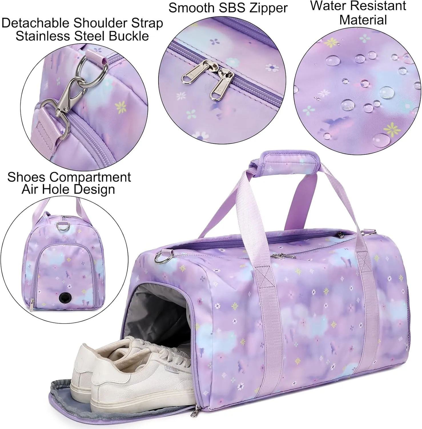 Dance Bag,Gym Duffle Bag for Girls Gymnastics Sports Bag for Teens Women Weekender Overnight Travel Bag with Shoe Compartment and Wet Pocket Galaxy Purple Flowers