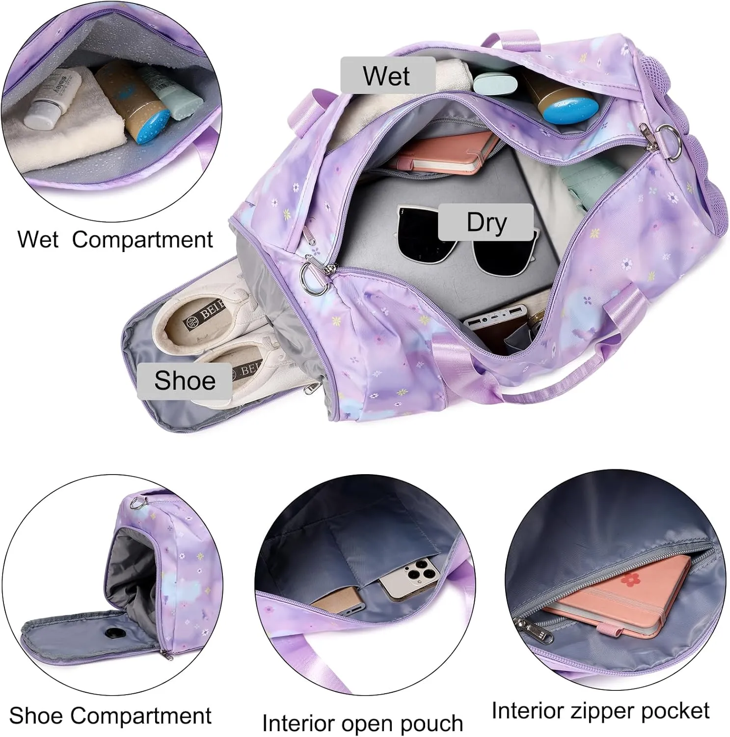 Dance Bag,Gym Duffle Bag for Girls Gymnastics Sports Bag for Teens Women Weekender Overnight Travel Bag with Shoe Compartment and Wet Pocket Galaxy Purple Flowers