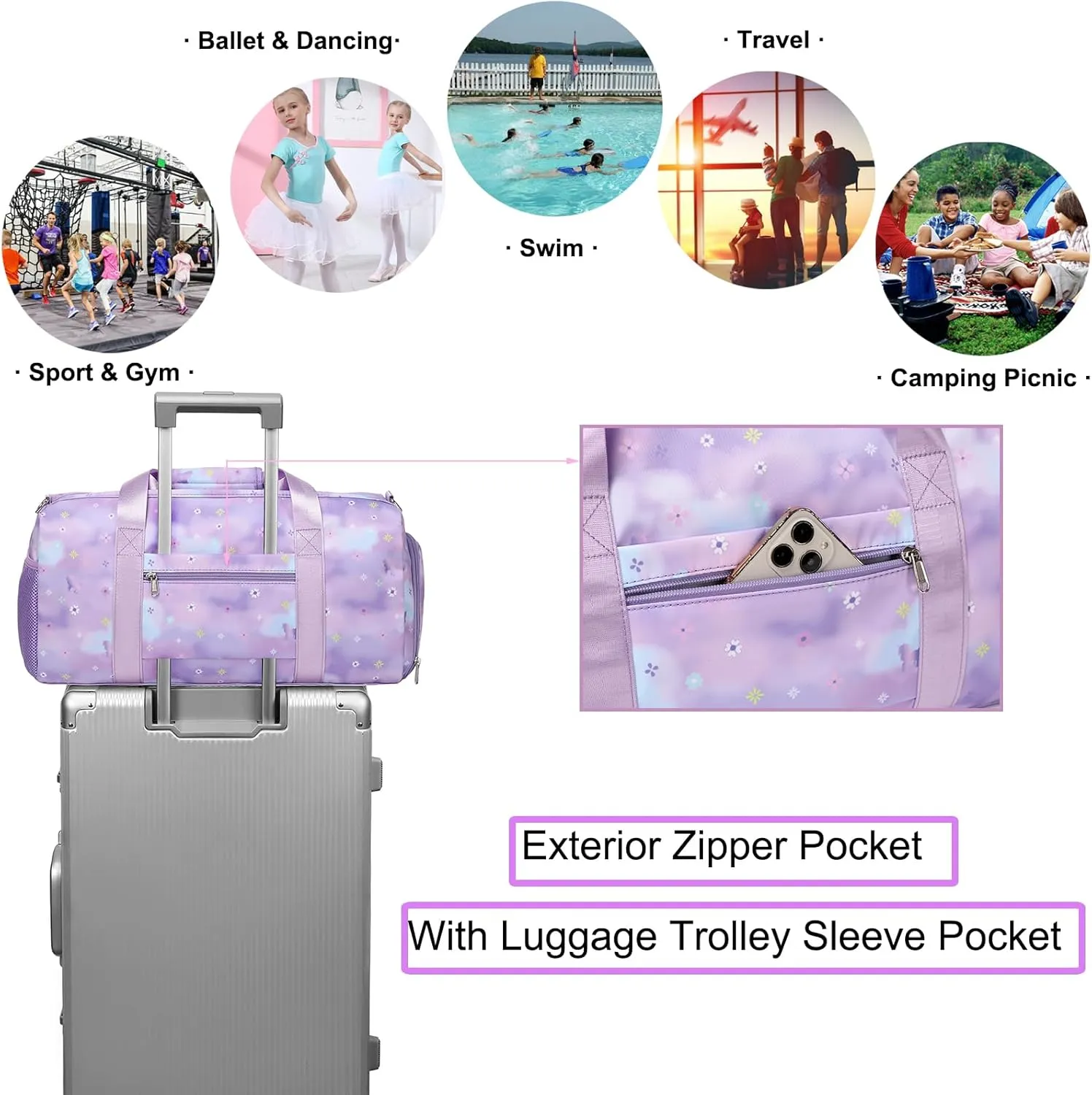 Dance Bag,Gym Duffle Bag for Girls Gymnastics Sports Bag for Teens Women Weekender Overnight Travel Bag with Shoe Compartment and Wet Pocket Galaxy Purple Flowers
