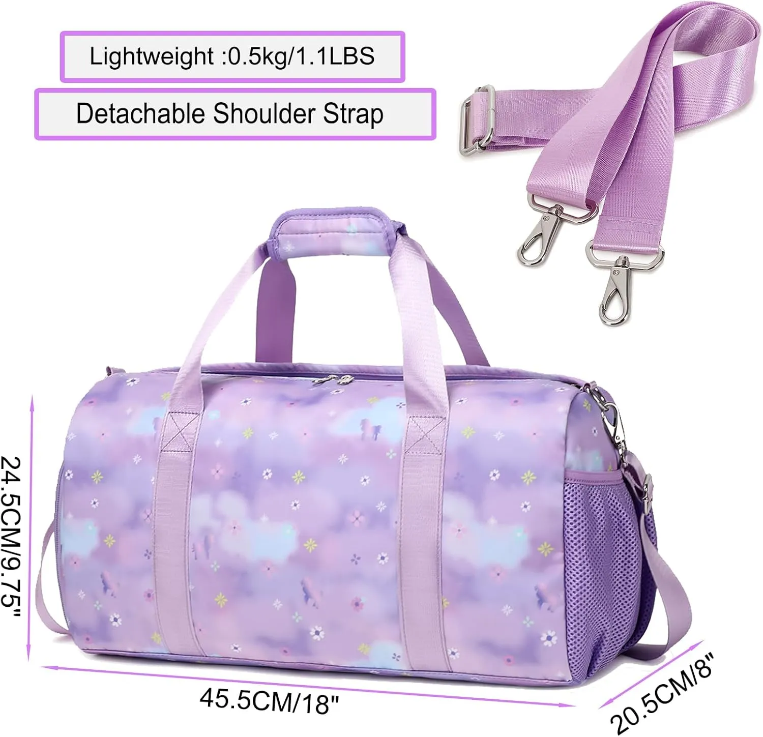 Dance Bag,Gym Duffle Bag for Girls Gymnastics Sports Bag for Teens Women Weekender Overnight Travel Bag with Shoe Compartment and Wet Pocket Galaxy Purple Flowers