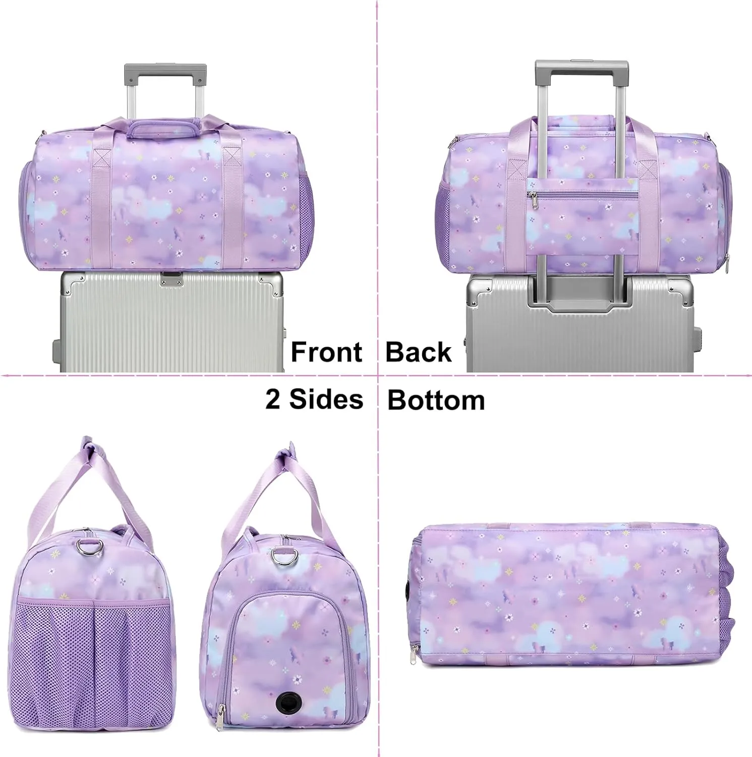 Dance Bag,Gym Duffle Bag for Girls Gymnastics Sports Bag for Teens Women Weekender Overnight Travel Bag with Shoe Compartment and Wet Pocket Galaxy Purple Flowers