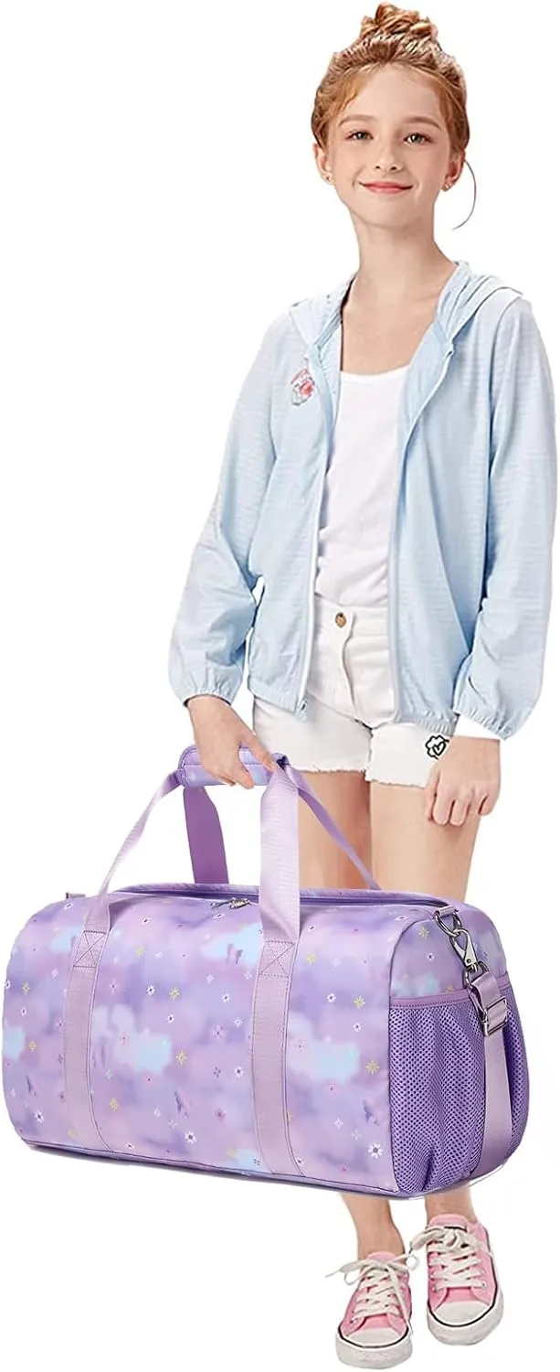 Dance Bag,Gym Duffle Bag for Girls Gymnastics Sports Bag for Teens Women Weekender Overnight Travel Bag with Shoe Compartment and Wet Pocket Galaxy Purple Flowers