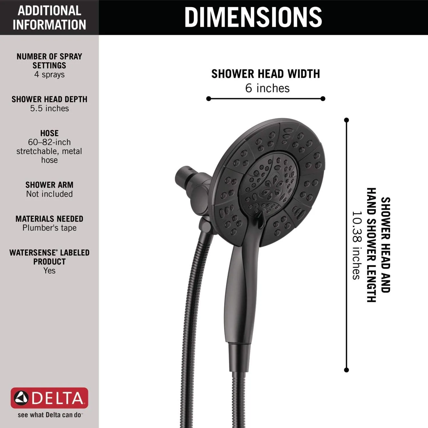 Delta Faucet 4-Spray In2ition Dual Shower Head with Handheld Spray, Matte Black Shower Head with Hose, Showerheads & Handheld Showers, Handheld Shower Heads, Matte Black 58499-BL
