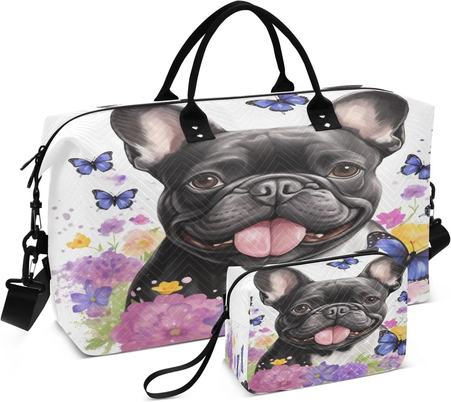 Dog Travel Duffle Bag Gym Bag, Watercolor Dog Butterfly Weekender Bags for Women with Toiletry Bag Travel Tote Bag Swim Bag