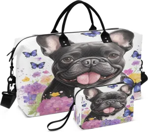 Dog Travel Duffle Bag Gym Bag, Watercolor Dog Butterfly Weekender Bags for Women with Toiletry Bag Travel Tote Bag Swim Bag