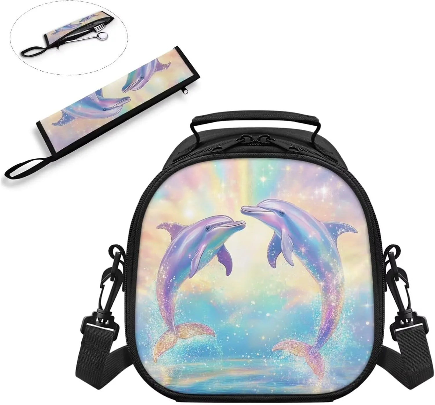 Dolphins Kid Lunch Box with Chopsticks Pouch for Picnic Camping Utensils Washable Leakproof Kids Lunch Bag Boys and Tableware Box for School