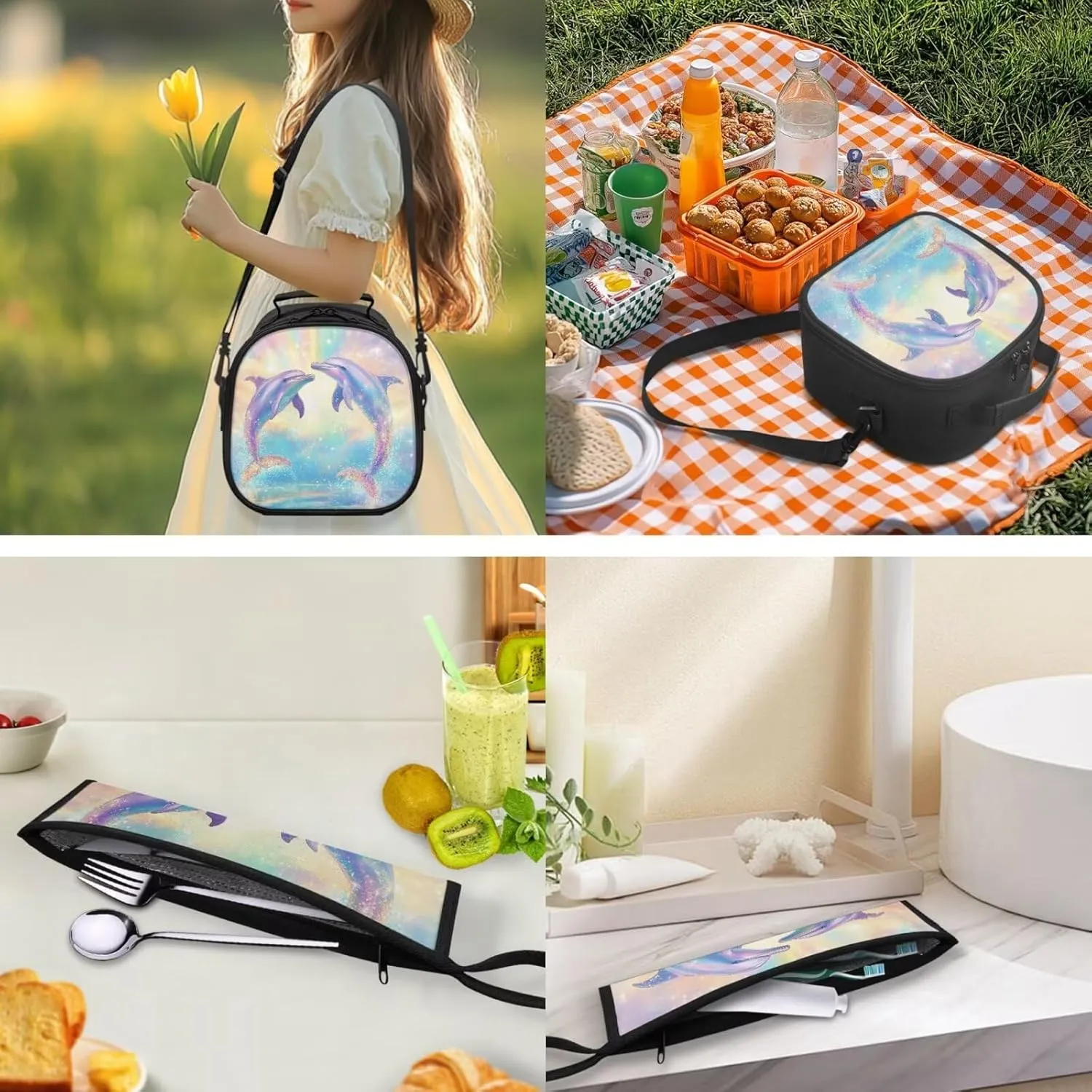 Dolphins Kid Lunch Box with Chopsticks Pouch for Picnic Camping Utensils Washable Leakproof Kids Lunch Bag Boys and Tableware Box for School