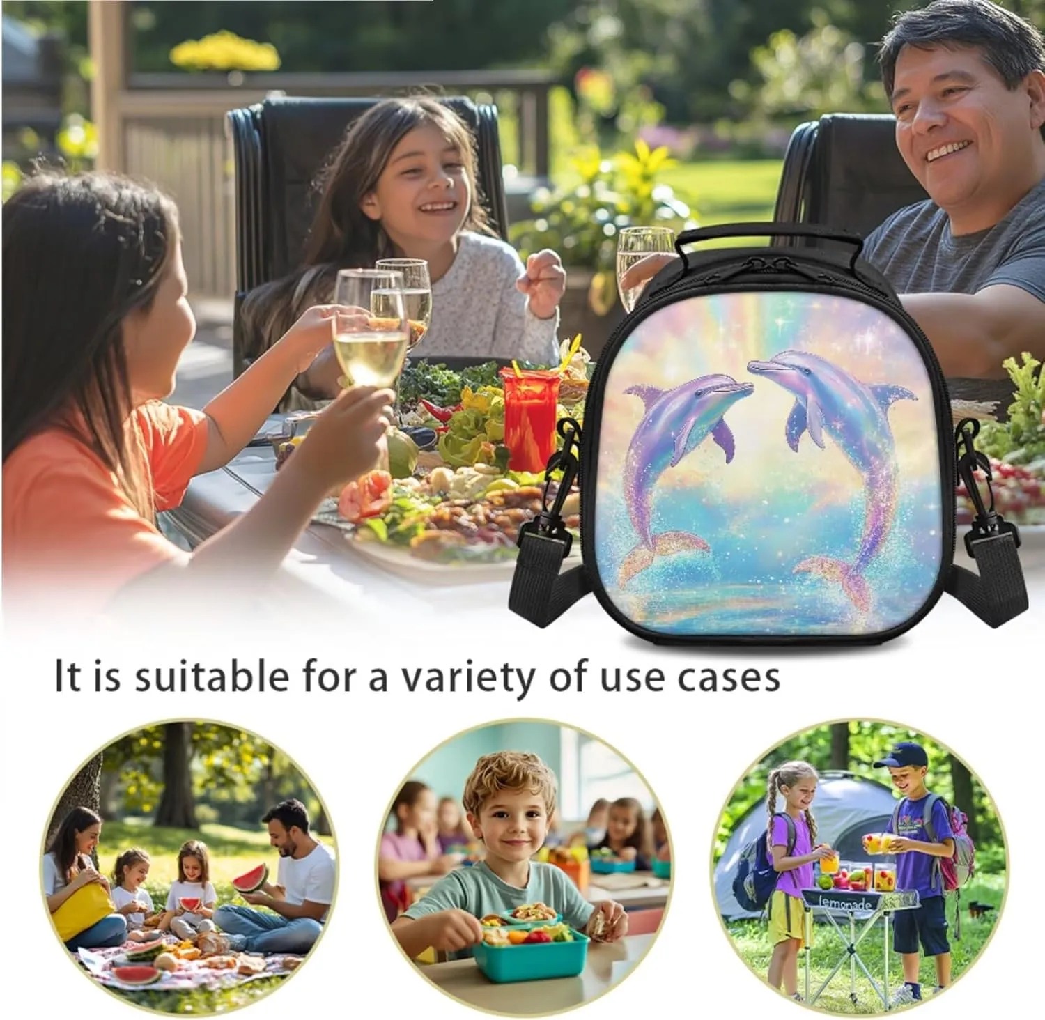 Dolphins Kid Lunch Box with Chopsticks Pouch for Picnic Camping Utensils Washable Leakproof Kids Lunch Bag Boys and Tableware Box for School