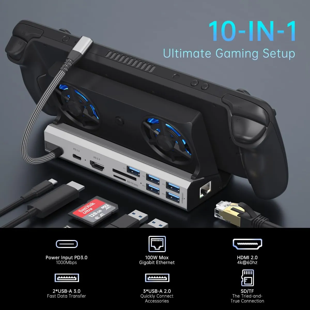 Dual Cooling Fans 13 in 1 Steam Deck Docking Station with 4K@60Hz 5 USB Ports,1000Mbps,SD/TF Slot,USB-C 100W PD, 40Gbps Adapter for Steam Deck/Rog Ally/Switch/Legion Go