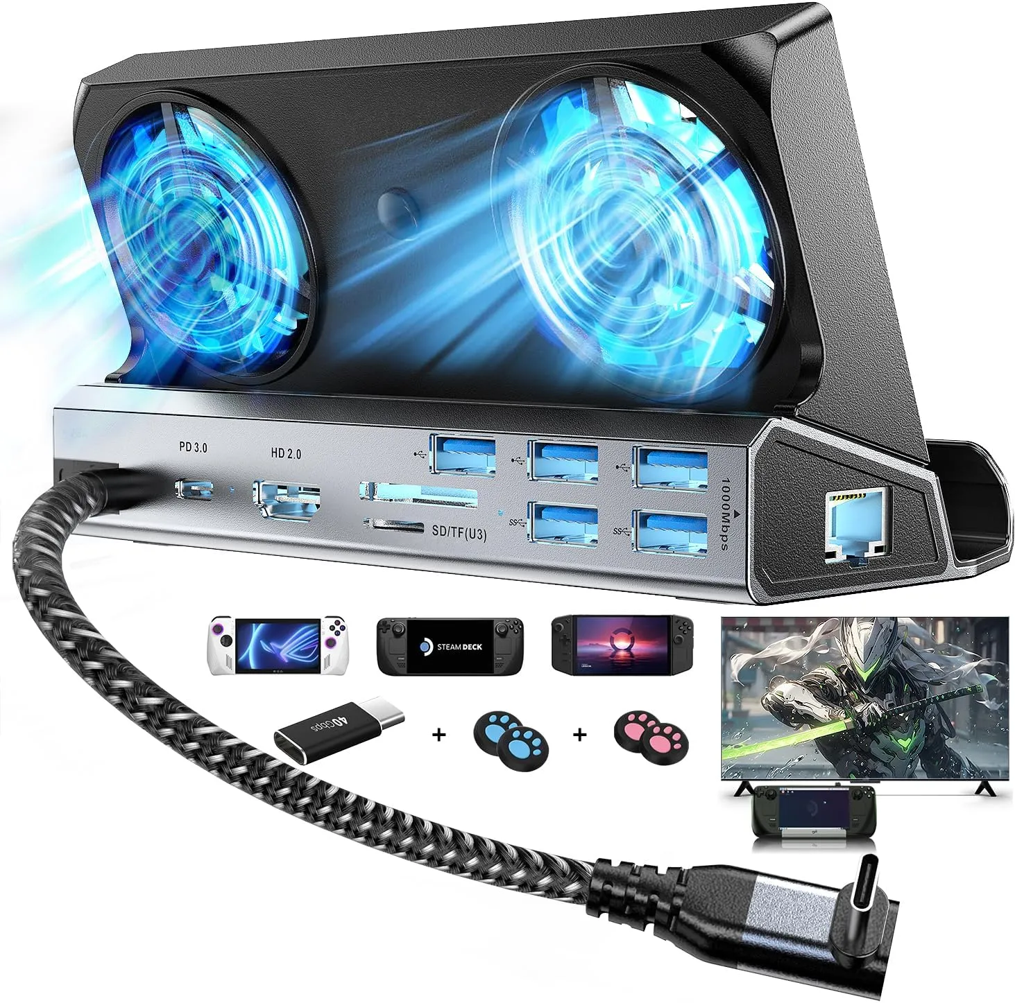 Dual Cooling Fans 13 in 1 Steam Deck Docking Station with 4K@60Hz 5 USB Ports,1000Mbps,SD/TF Slot,USB-C 100W PD, 40Gbps Adapter for Steam Deck/Rog Ally/Switch/Legion Go