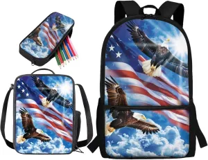 Eagle Printed Backpack and Lunch Box Set for Boys Toddler, Lightweight Student Backpack and Pencil Case Set with American Flag Pattern, 17 Inch School Bag Set for Kindergarten Primary