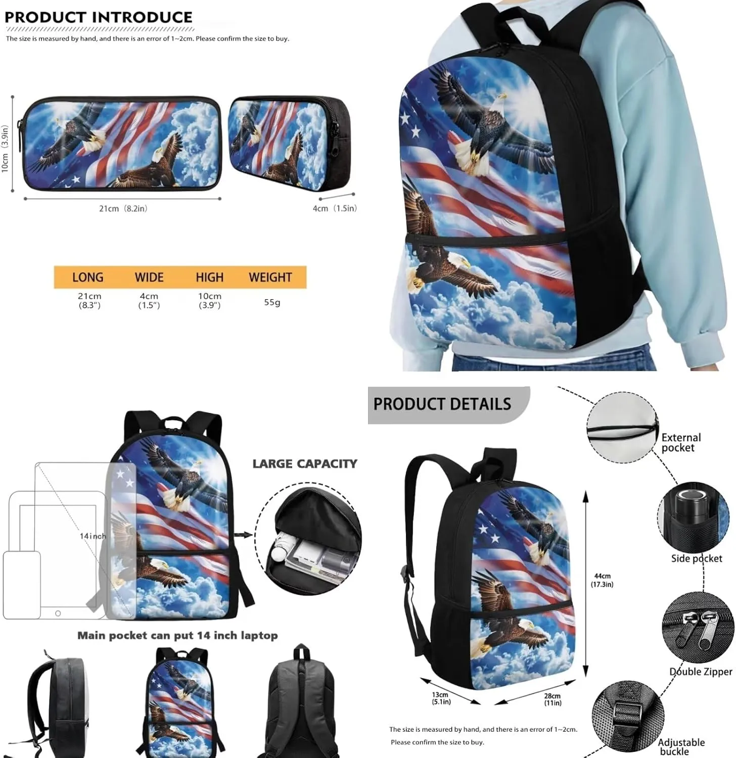 Eagle Printed Backpack and Lunch Box Set for Boys Toddler, Lightweight Student Backpack and Pencil Case Set with American Flag Pattern, 17 Inch School Bag Set for Kindergarten Primary