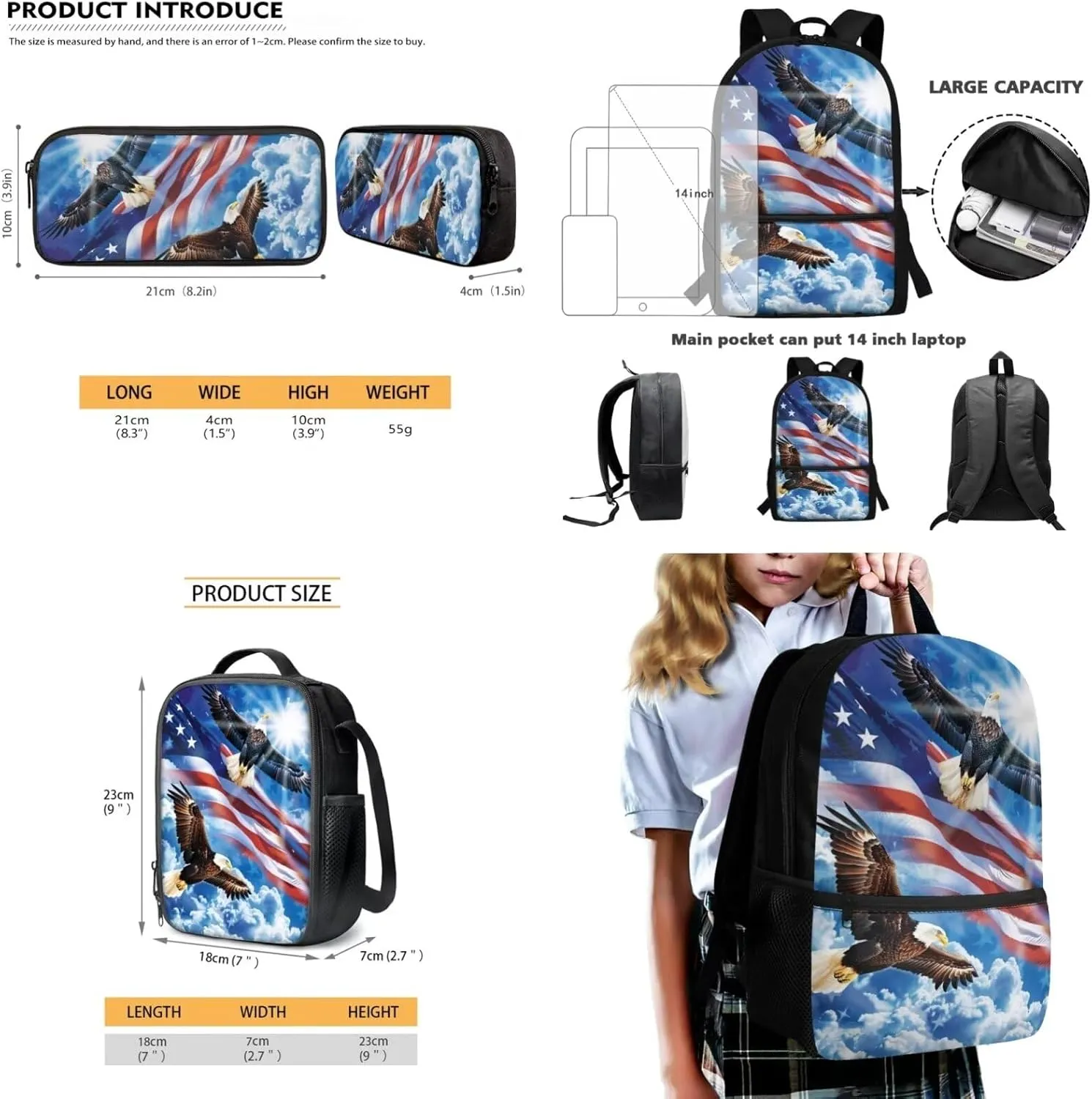 Eagle Printed Backpack and Lunch Box Set for Boys Toddler, Lightweight Student Backpack and Pencil Case Set with American Flag Pattern, 17 Inch School Bag Set for Kindergarten Primary