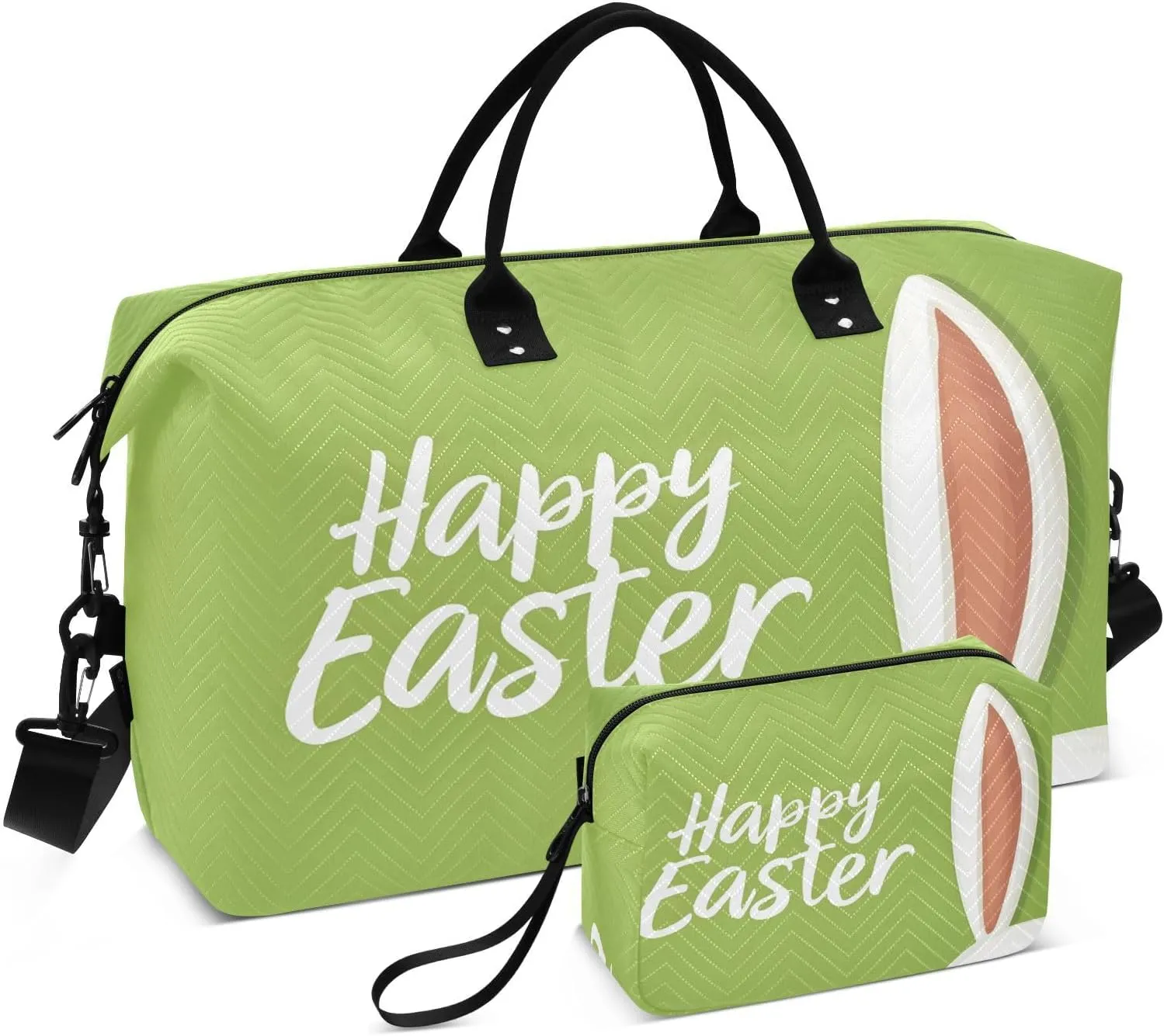 Easter Ears Travel Duffel Bags 2PCS,Sports Duffel Bags for Men Women,Weekender Overnight Bag Gym Tote Bag with Toiletry Bag