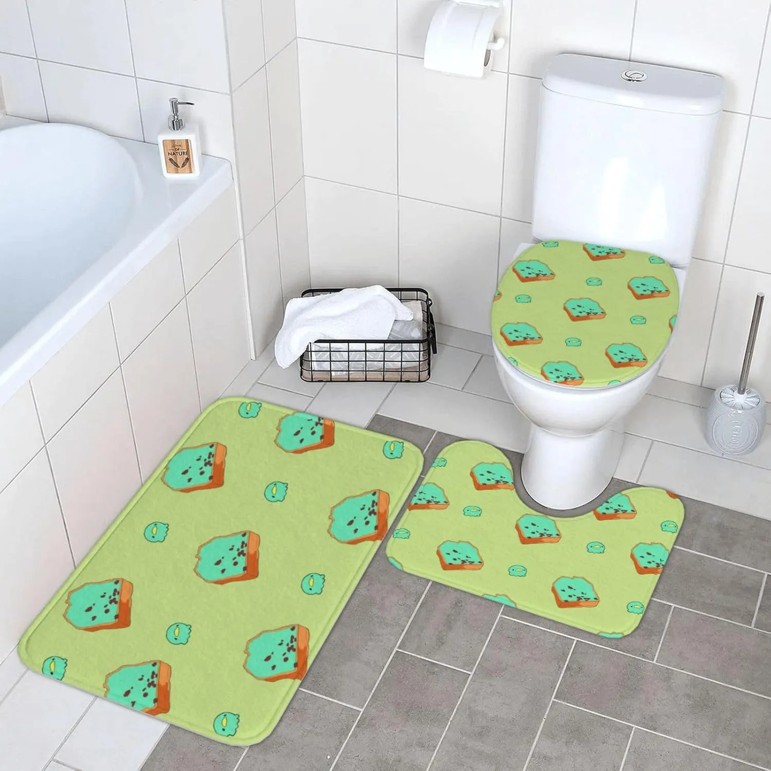 EkcoS Cartoon Bread Slices Bathroom Rugs Set 3 Piece Microfiber Bath Shower Mat and U-Shaped Toilet Rug, Machine Wash Dry, Non Slip Absorbent Bath Rug for Tub.