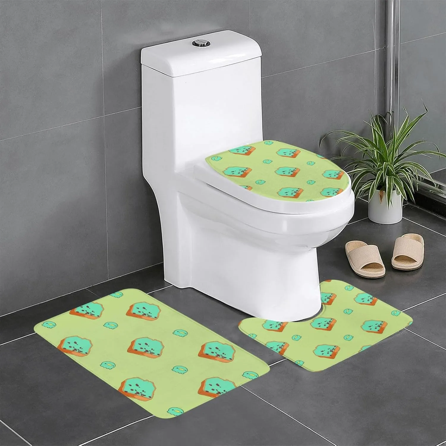 EkcoS Cartoon Bread Slices Bathroom Rugs Set 3 Piece Microfiber Bath Shower Mat and U-Shaped Toilet Rug, Machine Wash Dry, Non Slip Absorbent Bath Rug for Tub.