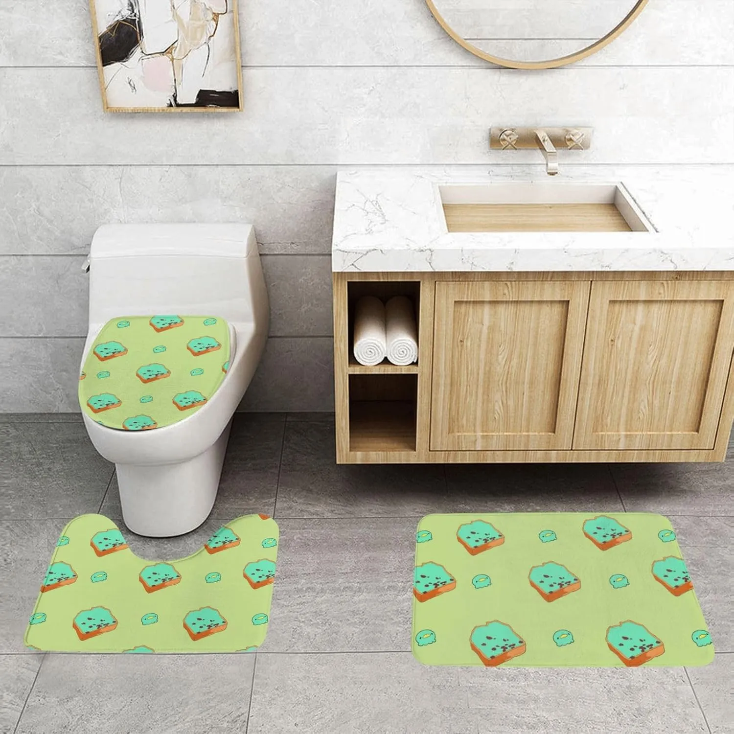 EkcoS Cartoon Bread Slices Bathroom Rugs Set 3 Piece Microfiber Bath Shower Mat and U-Shaped Toilet Rug, Machine Wash Dry, Non Slip Absorbent Bath Rug for Tub.
